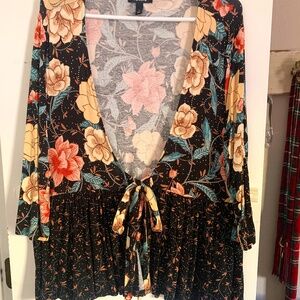 Torrid Boho Tie Front Peplum Cardigan black background 3/4 length Sleeve size 2X